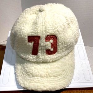 NWT Old East Main Co ivory Sherpa baseball hat with #73 in Dusty Rose suede